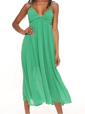 Fashion Nova Emerald Green Tie-Shoulder Midi Dress